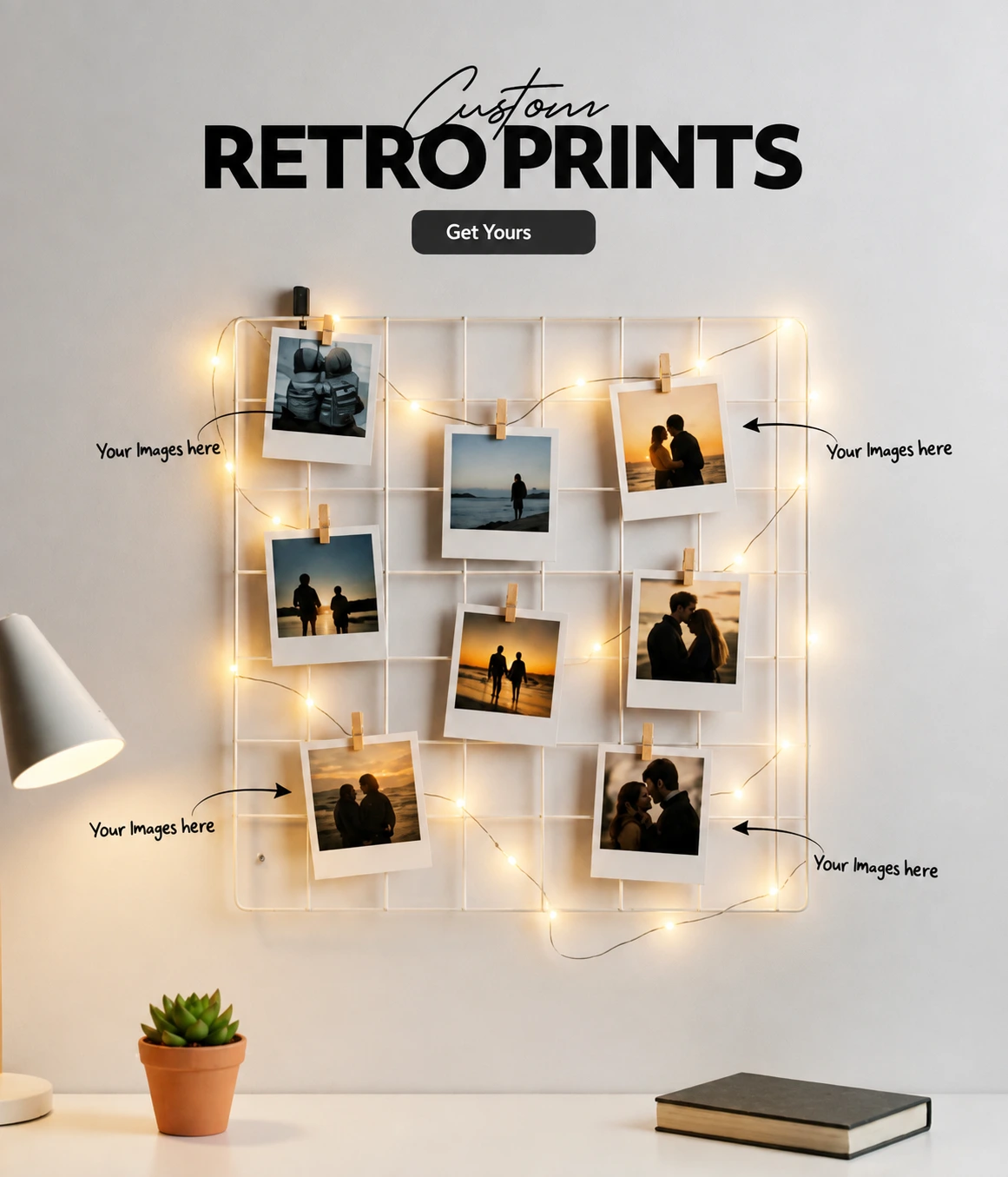 Customized polaroid wall display with printed photos and warm fairy lights